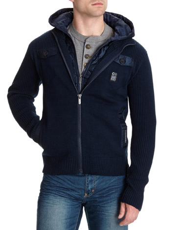 Centered Ribbed Zip-Through Quilted Hoodie